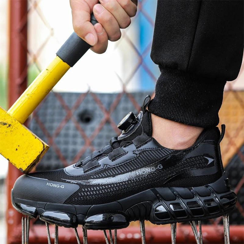 Anti-crush safety shoes with rotary button lace