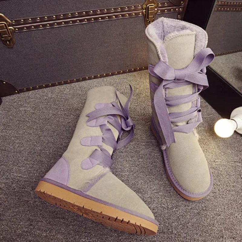 Bottes dHiver Hautes et Chaudes avec Doublure en Fourrure et Lacets en Rubans - Pour Femmes gris