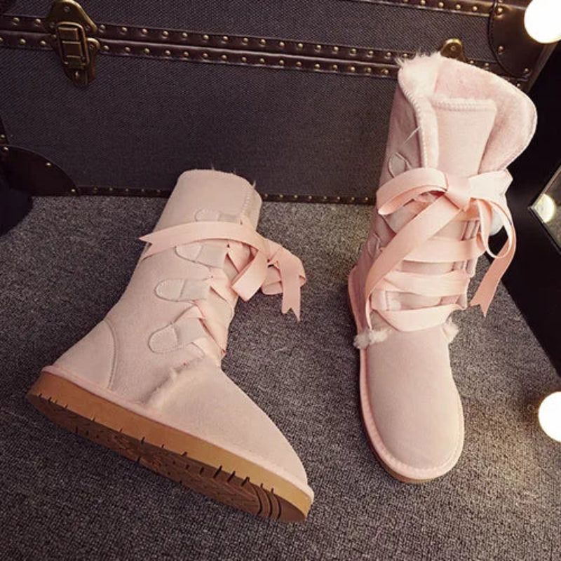 Bottes dHiver Hautes et Chaudes avec Doublure en Fourrure et Lacets en Rubans - Pour Femmes rose1