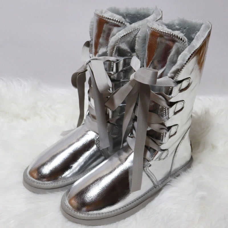 Bottes dHiver Hautes et Impermeables avec Doublure Chaude et Lacets en Rubans - Pour Femmes argent