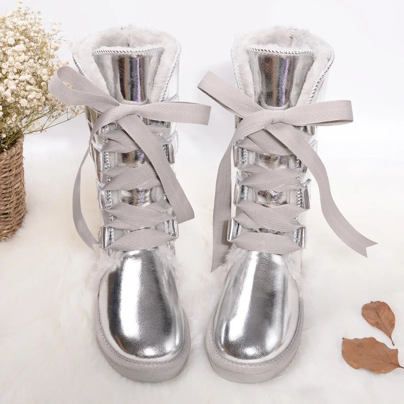 Bottes dHiver Hautes et Impermeables avec Doublure Chaude et Lacets en Rubans - Pour Femmes argent1
