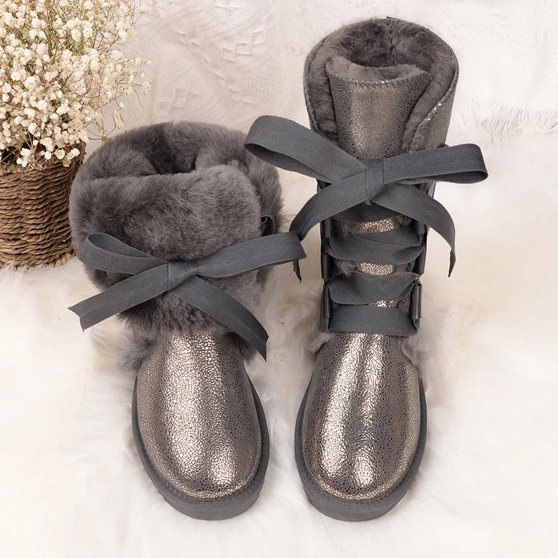 Bottes dHiver Hautes et Impermeables avec Doublure Chaude et Lacets en Rubans - Pour Femmes gris