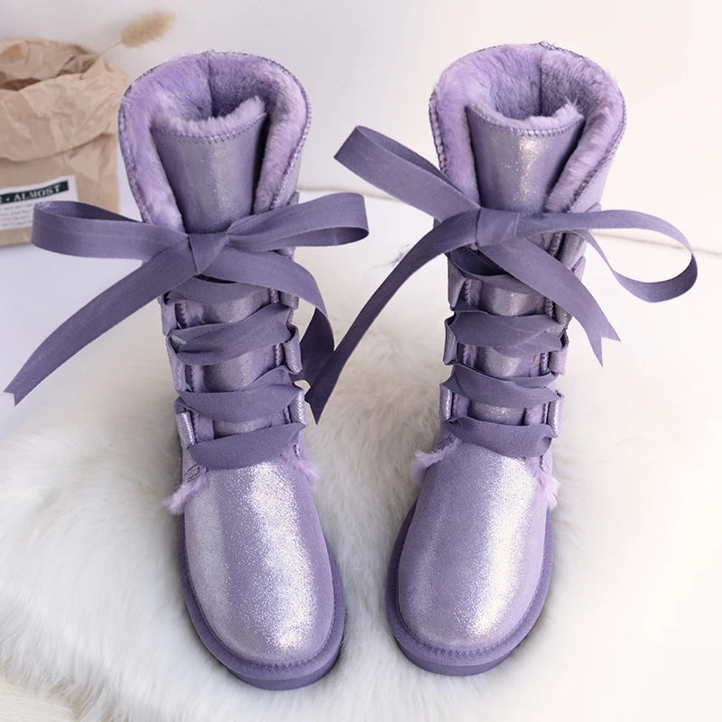 Bottes dHiver Hautes et Impermeables avec Doublure Chaude et Lacets en Rubans - Pour Femmes violet