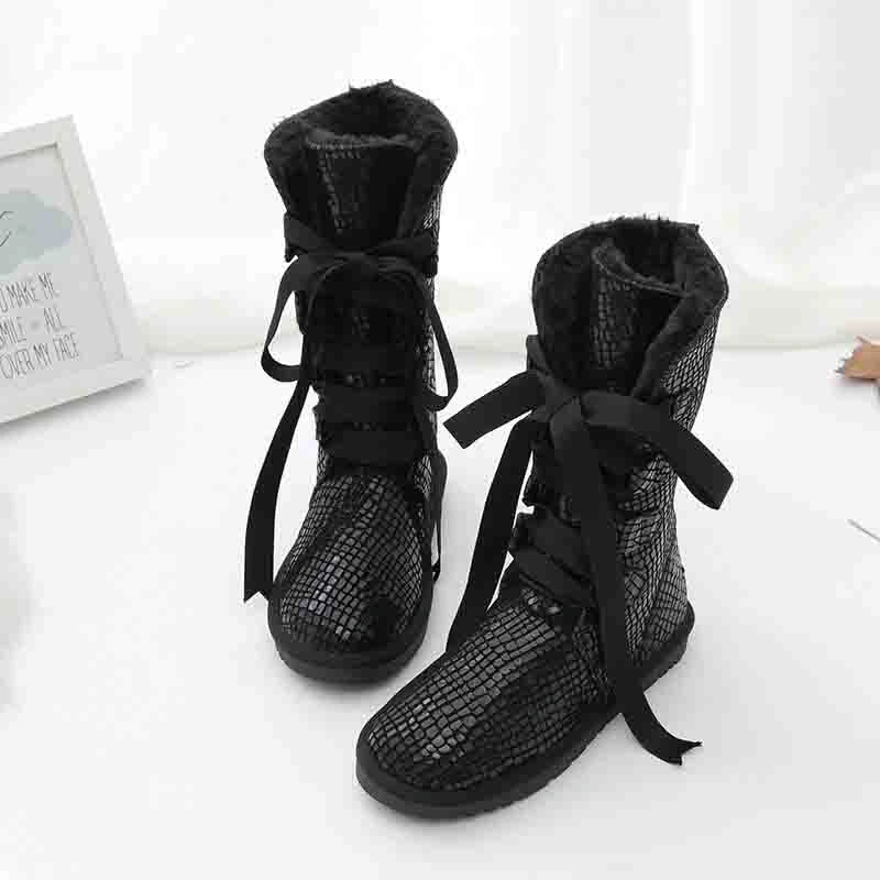 Bottes d'Hiver Hautes et Chaudes avec Lacets en Rubans et Doublure Douce - Pour Femmes noir