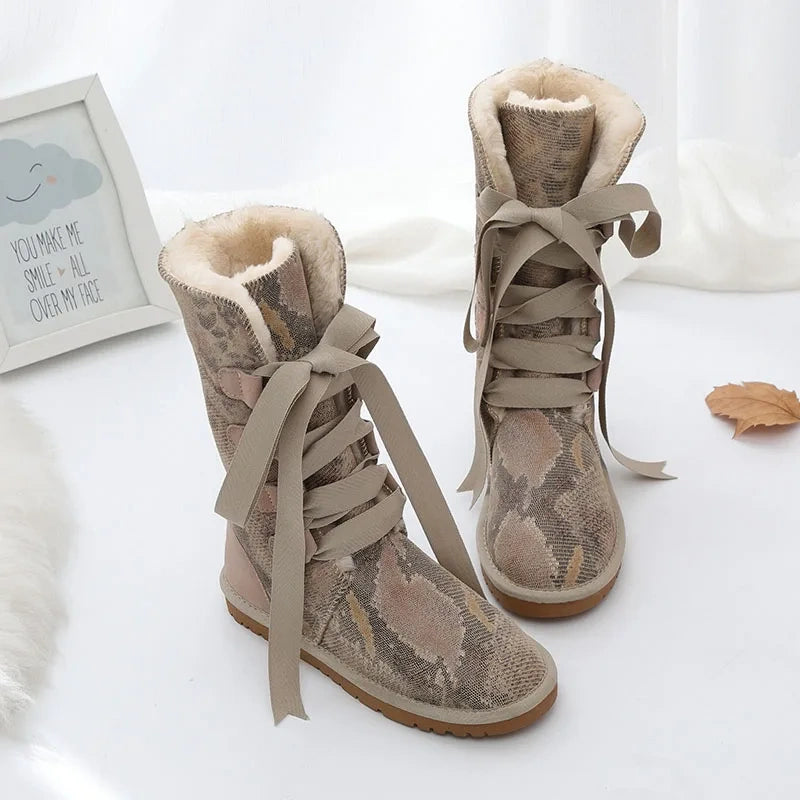 Bottes d'Hiver Hautes et Chaudes avec Lacets en Rubans et Doublure Douce - Pour Femmes sable
