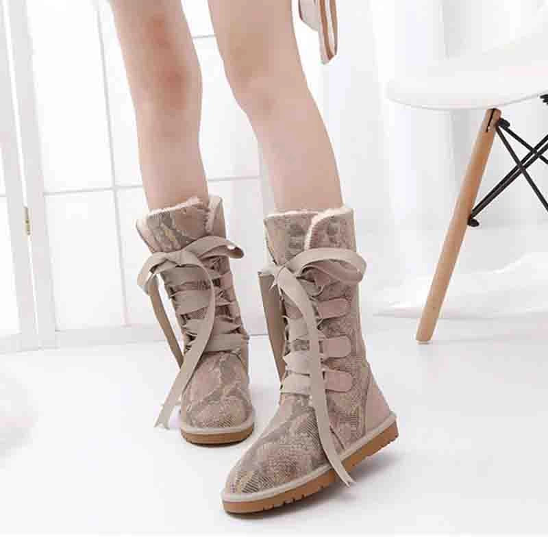 Bottes d'Hiver Hautes et Chaudes avec Lacets en Rubans et Doublure Douce - Pour Femmes sable 2