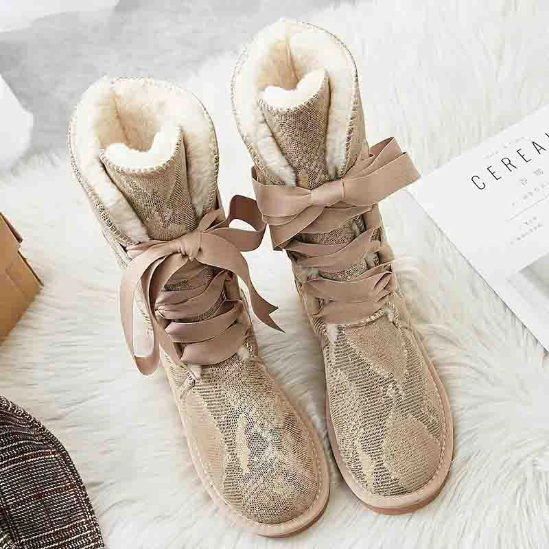 Bottes d'Hiver Hautes et Chaudes avec Lacets en Rubans et Doublure Douce - Pour Femmes sable 3