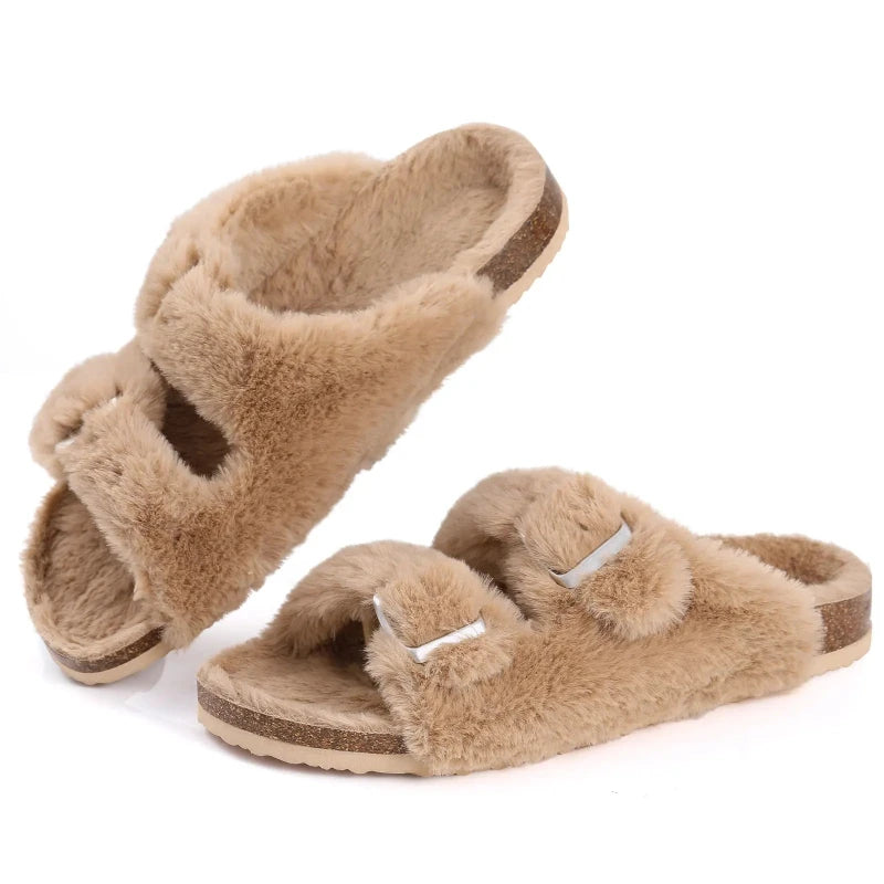 Sandales Boston en Fourrure Moelleuse et Liege - Pour Femme marron
