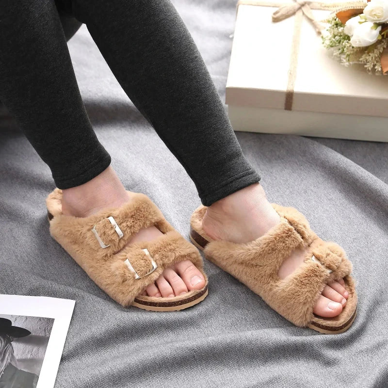 Sandales Boston en Fourrure Moelleuse et Liege - Pour Femme marron1