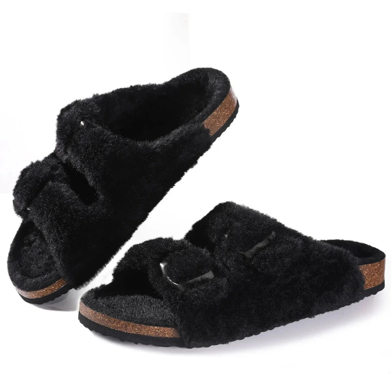 Sandales Boston en Fourrure Moelleuse et Liege - Pour Femme noir