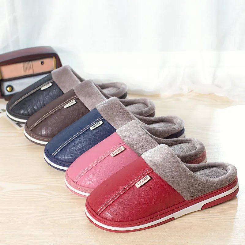 Waterproof and warm PU leather slippers